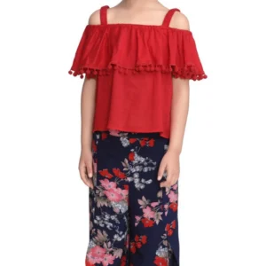 Girl’s Rayon Crepe Printed Cold Shoulder Top and Pants Set (Red-Navy)