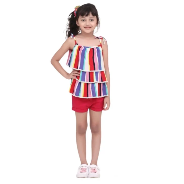 Girl’s Polyester Crepe Striped Tie Ups Shorts Set (Multicolor) – view 5