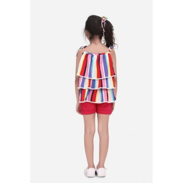 Girl’s Polyester Crepe Striped Tie Ups Shorts Set (Multicolor) – view 4