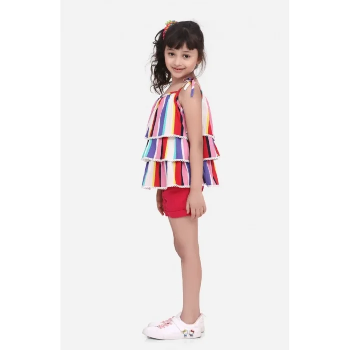 Girl’s Polyester Crepe Striped Tie Ups Shorts Set (Multicolor) – view 3