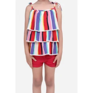 Girl’s Polyester Crepe Striped Tie Ups Shorts Set (Multicolor)