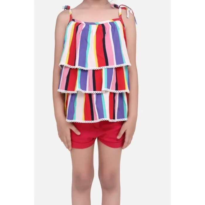 Girl’s Polyester Crepe Striped Tie Ups Shorts Set (Multicolor)