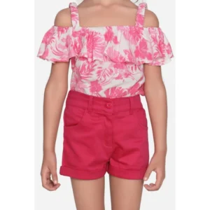 Girl’s Cotton Floral Cold Shoulder Top and Shorts Set (Pink-Red)