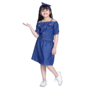 Girl’s Denim Solid Cold Shoulder Top and Skirt Set (Navy Blue) – view 2