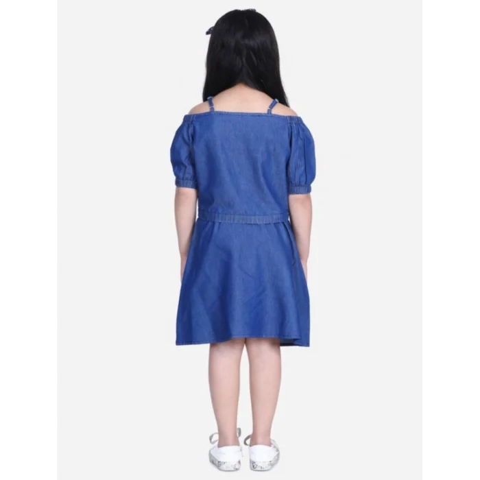Girl’s Denim Solid Cold Shoulder Top and Skirt Set (Navy Blue) – view 3