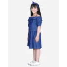 Girl’s Denim Solid Cold Shoulder Top and Skirt Set (Navy Blue)