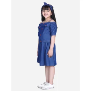 Girl’s Denim Solid Cold Shoulder Top and Skirt Set (Navy Blue)