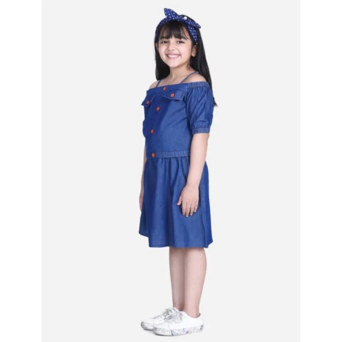 Girl’s Denim Solid Cold Shoulder Top and Skirt Set (Navy Blue)
