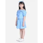 Girl’s Denim Solid Cold Shoulder Top and Skirt Set (Light Blue)