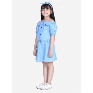 Girl’s Denim Solid Cold Shoulder Top and Skirt Set (Light Blue)