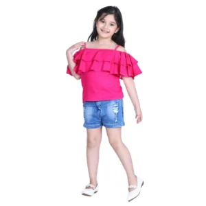 Girl’s Rayon Solid Cold Shoulder Top with Shorts (Pink-Blue)