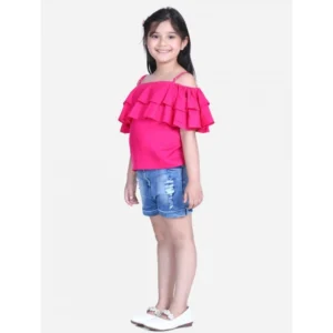 Girl’s Rayon Solid Cold Shoulder Top with Shorts (Pink-Blue) – view 2