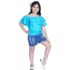 Girl’s Rayon Solid Cold Shoulder Top with Shorts (Blue) – view 5