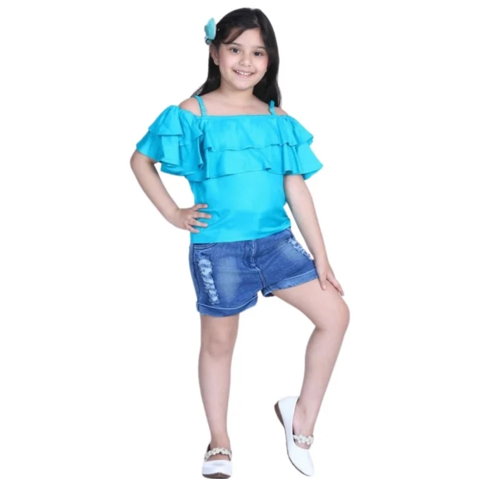 Girl’s Rayon Solid Cold Shoulder Top with Shorts (Blue) – view 5