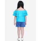 Girl’s Rayon Solid Cold Shoulder Top with Shorts (Blue) – view 4