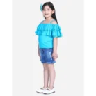 Girl’s Rayon Solid Cold Shoulder Top with Shorts (Blue)
