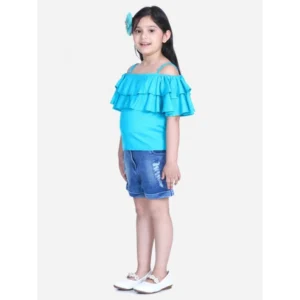 Girl’s Rayon Solid Cold Shoulder Top with Shorts (Blue)