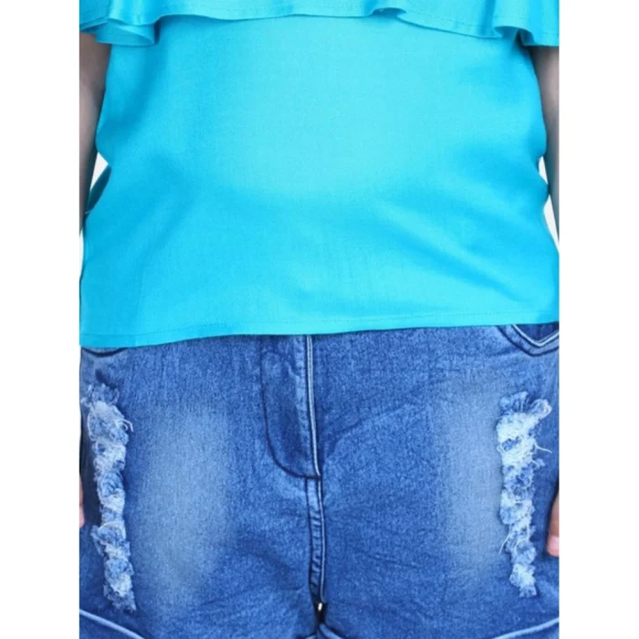 Girl’s Rayon Solid Cold Shoulder Top with Shorts (Blue) – view 2