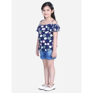 Girl’s Rayon Solid Cold Shoulder Top with Shorts (Navy Blue)