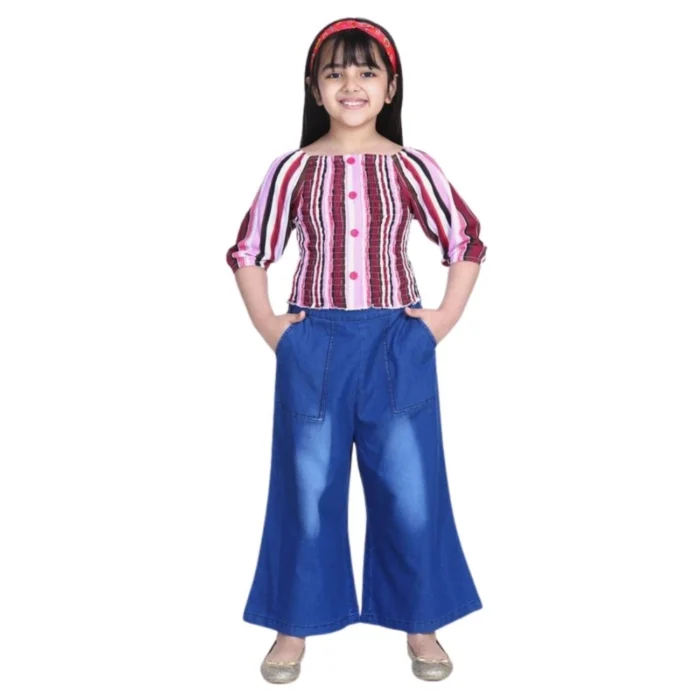 Girl’s Rayon Solid Bell Sleeve Top with Culottes (Purple-Blue) – view 3