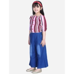 Girl’s Rayon Solid Bell Sleeve Top with Culottes (Purple-Blue)