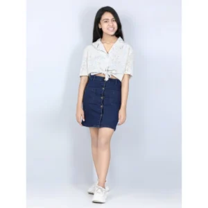 Girl's Denim Solid Buttoned Skirt (Navy Blue)