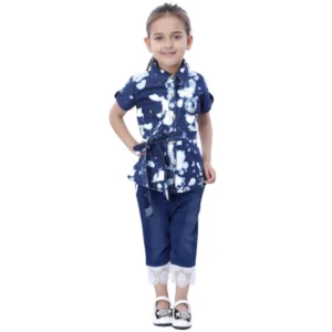 Girl's Denim Tie & Dye Short Sleeve Top (Blue-White)