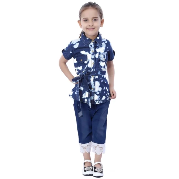 Girl’s Denim Tie & Dye Short Sleeve Top (Blue-White)